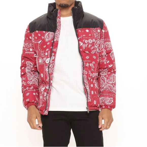 Red Paisley Bandana Print Puffer Jacket - Picture 2 of 3
